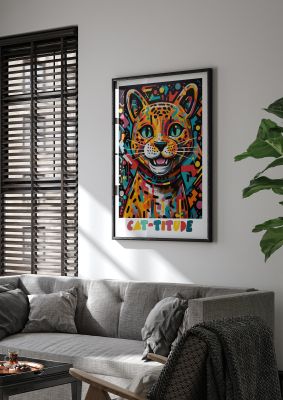 Playful cat illustration with text "Cat-titude"