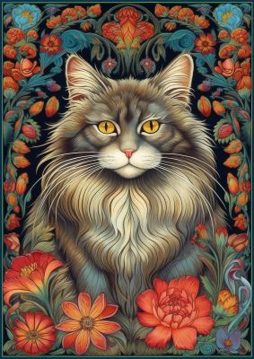 Detailed floral cat portrait with intricate botanical surroundings
