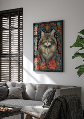 Detailed floral cat portrait with intricate botanical surroundings