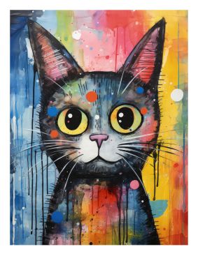 Colourful abstract cat art with large expressive eyes