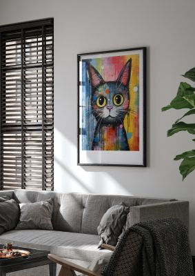 Colourful abstract cat art with large expressive eyes