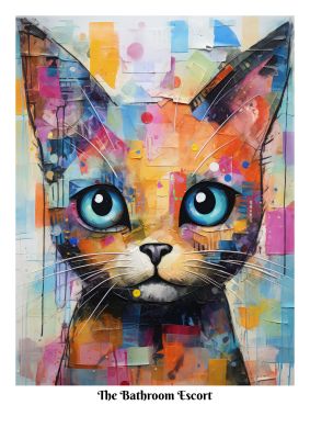 Quirky cat painting with vibrant geometric patterns