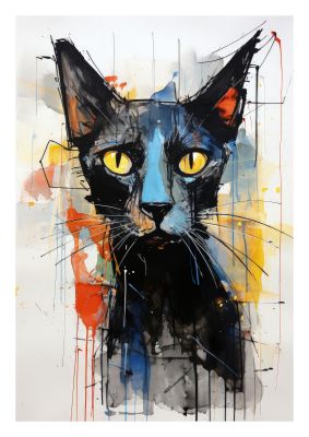 Black cat with expressive yellow eyes in colourful abstract art