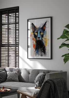 Black cat with expressive yellow eyes in colourful abstract art