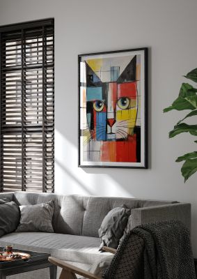Abstract geometric cat portrait with bold colours