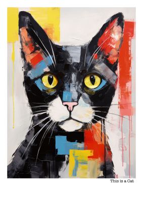 Contemporary cat art with black background and colourful accents