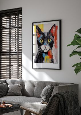 Contemporary cat art with black background and colourful accents