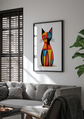 Modern abstract cat art with geometric shapes and vibrant colours