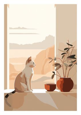 Cat sitting by a window with potted plants in a serene environment