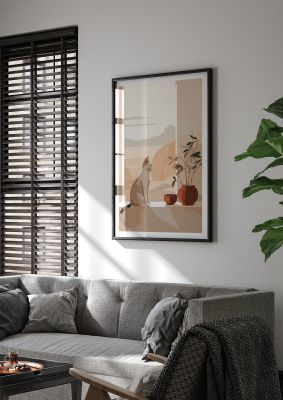 Cat sitting by a window with potted plants in a serene environment
