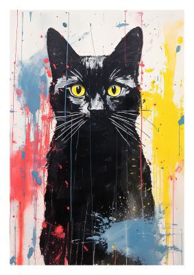 Abstract black cat with colourful splashes of paint artwork