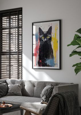 Abstract black cat with colourful splashes of paint artwork
