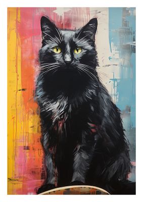 Black cat portrait with vibrant colourful background