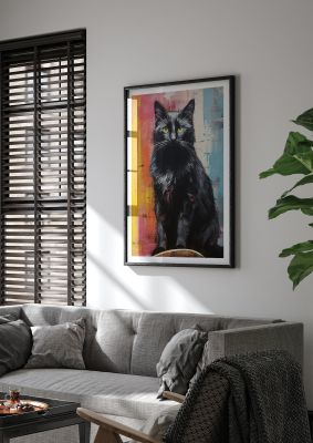 Black cat portrait with vibrant colourful background