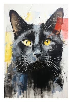 Black cat close-up with a splash of red paint