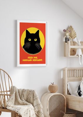 Black cat with humorous text in vibrant yellow and red background