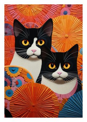 Two black and white cats with colourful circular patterns