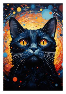 Black cat in a cosmic space-themed artwork