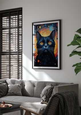Black cat in a cosmic space-themed artwork