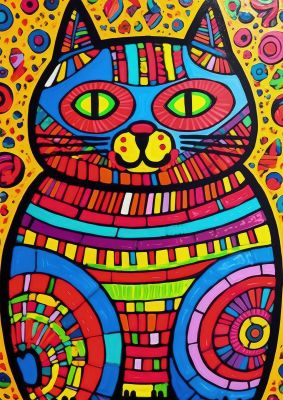 Vibrant geometric cat illustration with colourful background