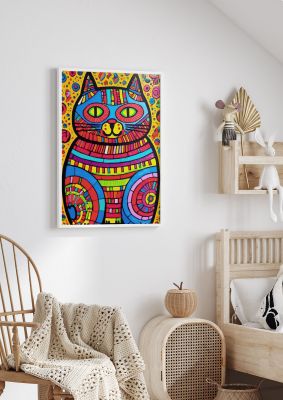 Vibrant geometric cat illustration with colourful background