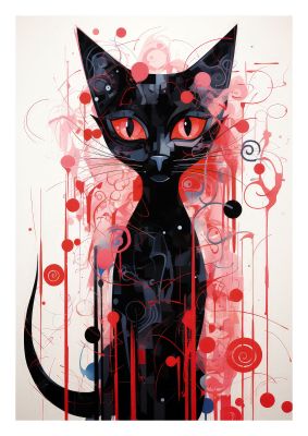 Abstract black cat with red and pink accents in modern art