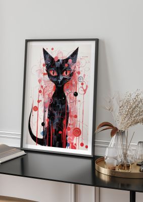 Abstract black cat with red and pink accents in modern art