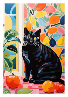 Colourful cat in a vibrant fruit-themed room
