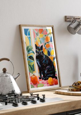 Colourful cat in a vibrant fruit-themed room