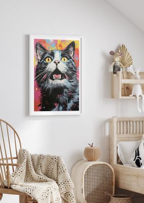 Surprised cat with colourful splashes and yellow eyes
