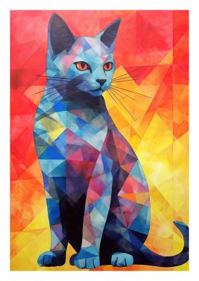Geometric cat illustration with red and yellow background
