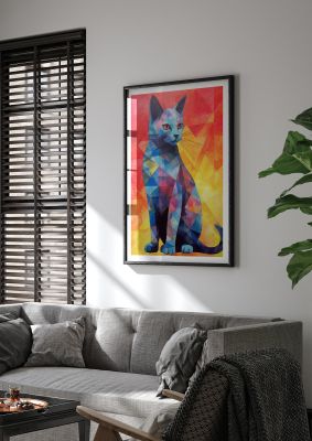 Geometric cat illustration with red and yellow background