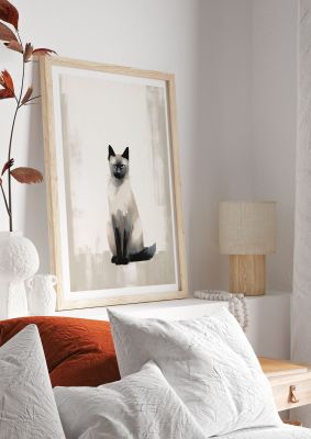 Minimalist illustration of a Siamese cat on a light background