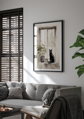 Black cat sitting on a windowsill with house plants