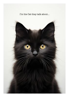 Black cat with yellow eyes and text
