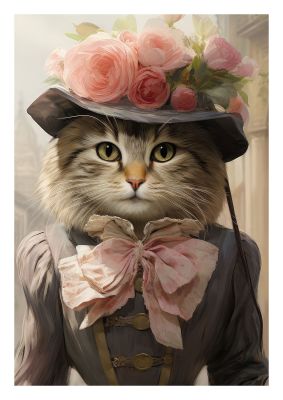 Elegant cat with a floral hat and vintage dress