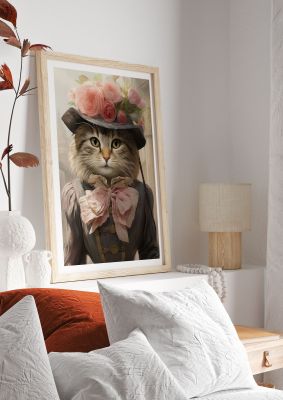 Elegant cat with a floral hat and vintage dress