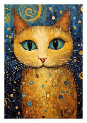 Starry night cat illustration with blue and gold tones