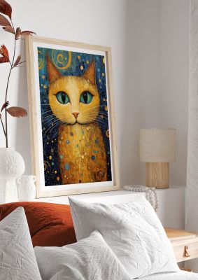 Starry night cat illustration with blue and gold tones