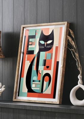Bauhaus-inspired cat illustration with geometric shapes