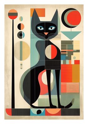 Mid-century modern cat illustration with abstract elements