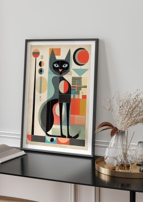 Mid-century modern cat illustration with abstract elements