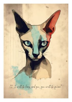 Watercolour cat portrait with colourful accents and text