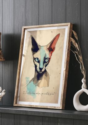 Watercolour cat portrait with colourful accents and text