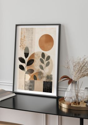 Abstract botanical art with earthy tones and geometric shapes