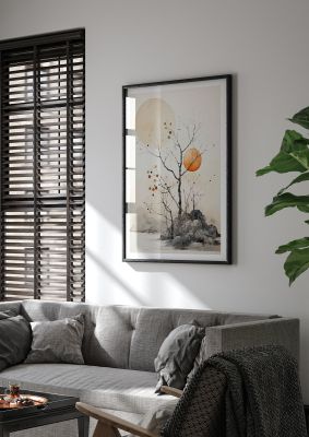 Abstract nature art with bare trees and celestial bodies