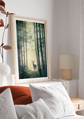 Deer Silhouette in Misty Forest Art Print for Nature Lovers