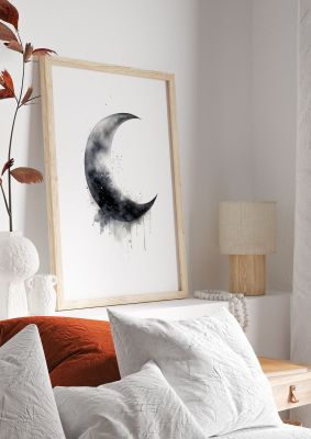 Watercolour Crescent Moon Art Print in Monochrome