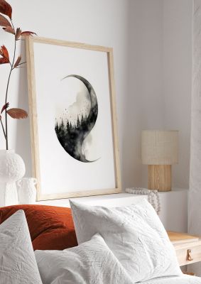 Forest within Crescent Moon Art Print in Monochrome