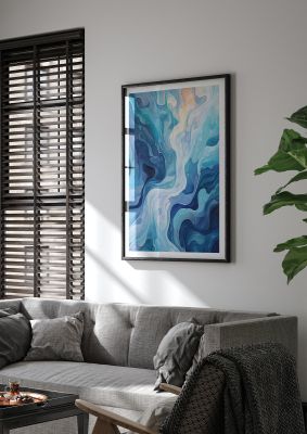 Abstract blue and white fluid art with dynamic swirling patterns